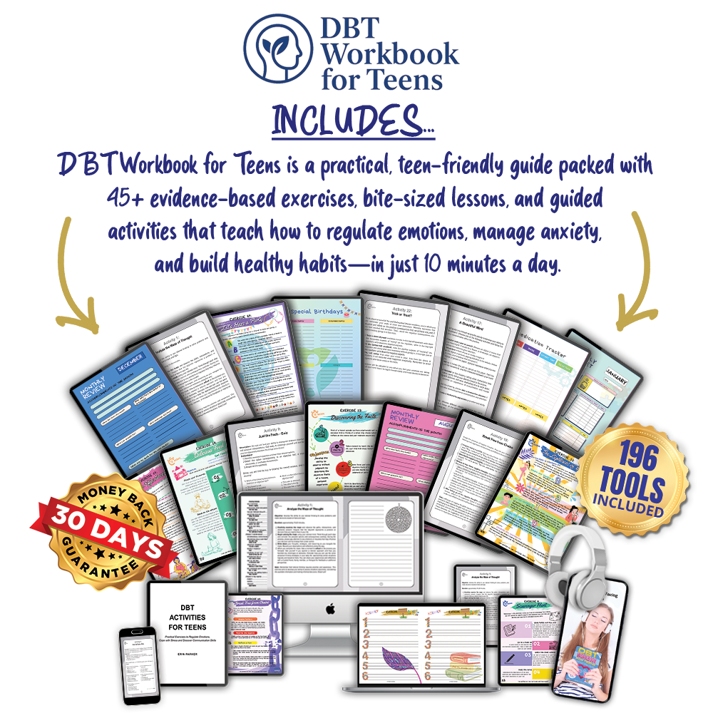 dbt cbt act workbook for anxiety and stress by Erin Parker DBT Workbook For Teens by Erin Parker